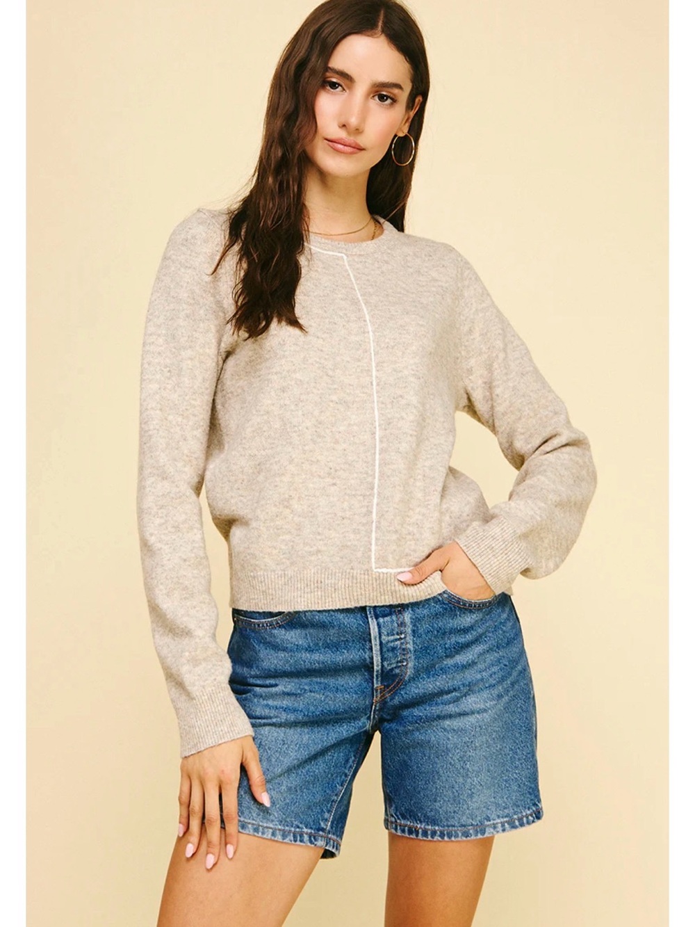 Pinch Light Grey Crewneck Sweater with Contrasting Stitch